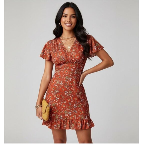 Ditsy Floral V-Neck Mini Dress Orange - Picture 2 of 6